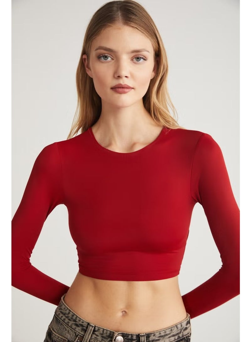 GRIMELANGE Jovana Women's Crew Neck Flexible Long Sleeve Crop Red Blouse - Image 2